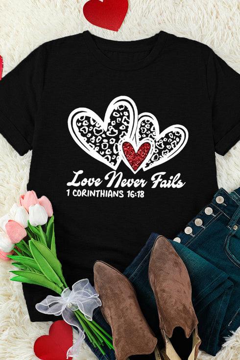 Black Love Never Fails Leopard Sequin Heart Graphic Valentines Tee